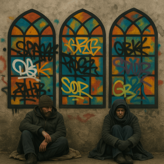 Homeless people sitting beneath church windows with graffiti.