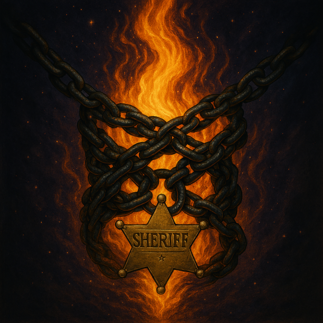 Spiritual flame bound by the devil's chains, padlocked by a sheriff's badge.