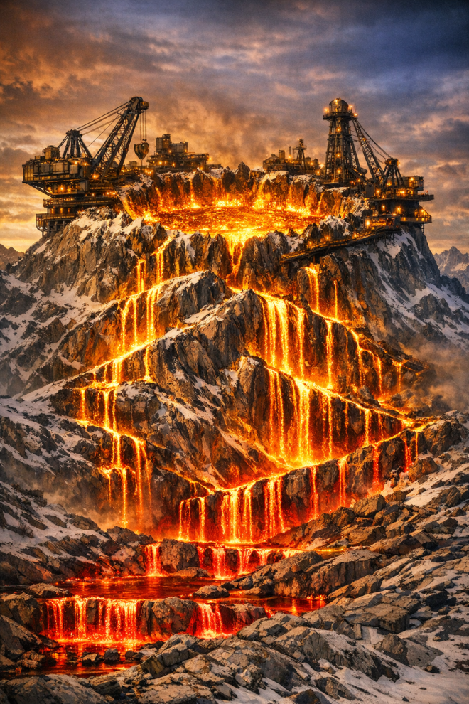 Mining crater in a mountain top, running gold that progressively turns red as it reaches the bottom.