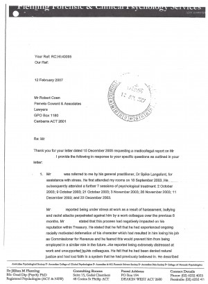 Letter from psychologist Jillian Fleming to Robert Coen regarding the mental health impairment on the Indigenous Commissioner for ACT Revenue due to workplace bullying and harassment. Page 1 of 2.