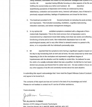 Letter from psychologist Jillian Fleming to Robert Coen regarding the mental health impairment on the Indigenous Commissioner for ACT Revenue due to workplace bullying and harassment. Page 2 of 2.