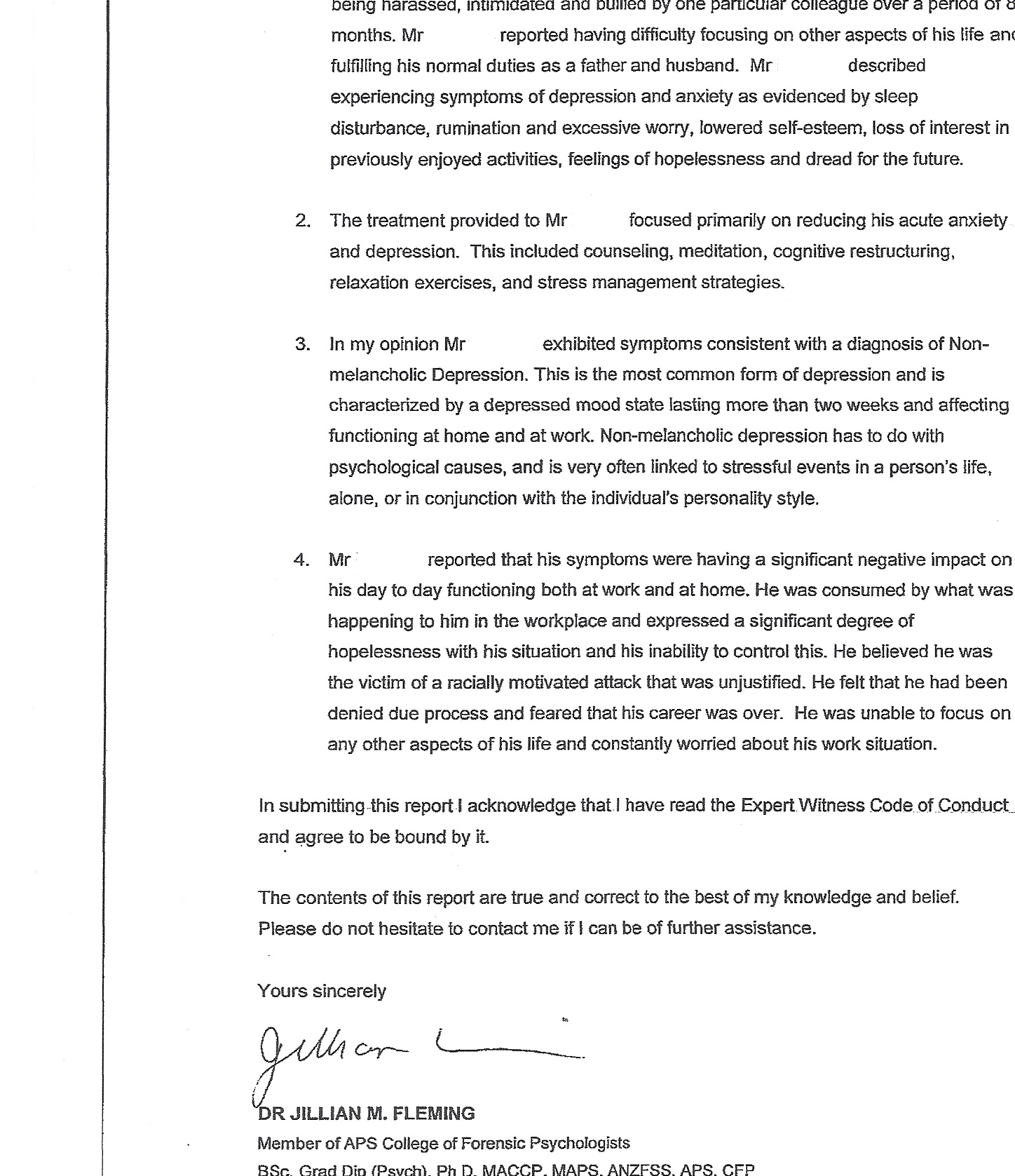 Letter from psychologist Jillian Fleming to Robert Coen regarding the mental health impairment on the Indigenous Commissioner for ACT Revenue due to workplace bullying and harassment. Page 2 of 2.