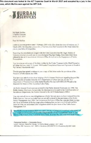 Letter Kosmidis to Mullins following his resignation from the ACT Dept of Urban Services. Page 1 of 2.