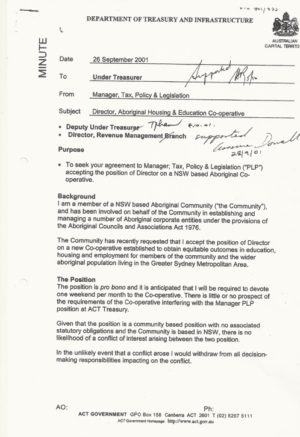 Minute dated 26 September 2001 from Commissioner for ACT Revenue Mullins to ACT Under Treasurer Pham seeking approval to work pro bono for an Aboriginal corporation, approval countersigned by Director Revenue Management Branch, Dowell. Page 1 of 3.