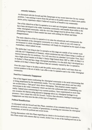 Minute dated 26 September 2001 from Commissioner for ACT Revenue Mullins to ACT Under Treasurer Pham seeking approval to work pro bono for an Aboriginal corporation, approval countersigned by Director Revenue Management Branch, Dowell. Page 2 of 3.