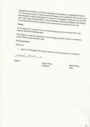 Minute dated 26 September 2001 from Commissioner for ACT Revenue Mullins to ACT Under Treasurer Pham seeking approval to work pro bono for an Aboriginal corporation, approval countersigned by Director Revenue Management Branch, Dowell. Page 3 of 3.