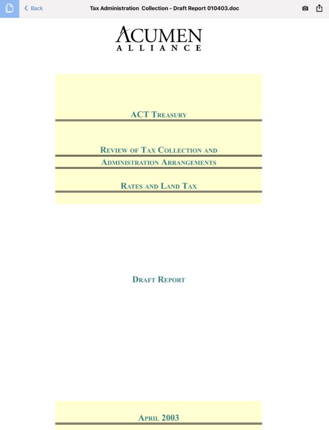 Cover page of the 2003 draft Special Audit report in Rates and Land Taxes by Acumen Alliance, dated April 2003.