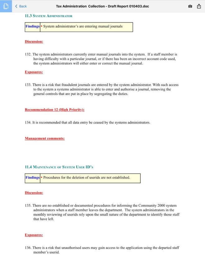 A section of the 2003 Acumen Alliance draft Special Audit report into Rates and Land Taxes, noting concerning findings.