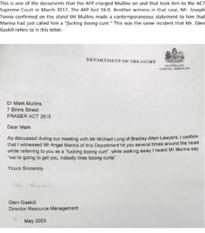 Letter by Director Revenue Management, Glen Gaskill, recording assault, racial vilification and threat by Angel Marina against the Indigenous Commissioner for ACT Revenue, dated 9 May 2003.