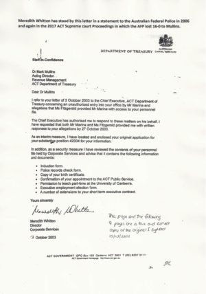 Letter from Whitten to the Indigenous Commissioner for ACT Revenue listing contents of his personnel file and return of his application for his substantive position, dated 13 October 2003.