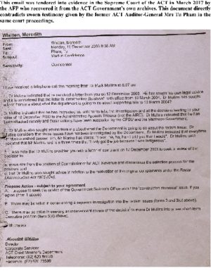 Email from Director Corporate Services Meredith Whitten to Tu Pham noting the Indigenous Commissioner for ACT Revenue's complaints of racism, dated 15 December 2003.