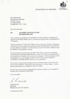 Letter dated 18 December 2003 from Angel Marina to Jillian Morphett.