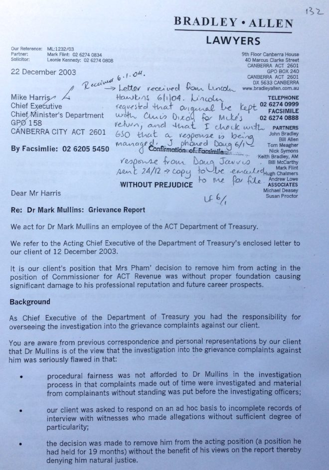 Letter from lawyers Bradley Allen to Chief Executive Mike Harris dated 12 December 2003. Page 1 of 3.