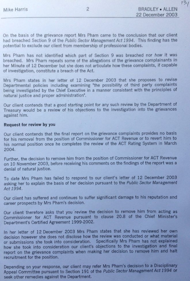 Letter from lawyers Bradley Allen to Chief Executive Mike Harris dated 12 December 2003. Page 2 of 3.