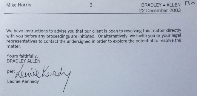 Letter from lawyers Bradley Allen to Chief Executive Mike Harris dated 12 December 2003. Page 3 of 3.
