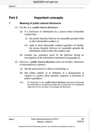 Section of the ACT Public Interest Disclosure Act 2012 defining and setting limits of a disclosure.