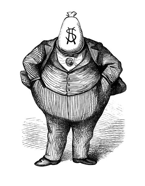 Corpulent man wearing a three piece suit and having a bag of money in place of his head.