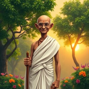 Colourful drawing of Mathama Ghandi with trees and flowers in the background.