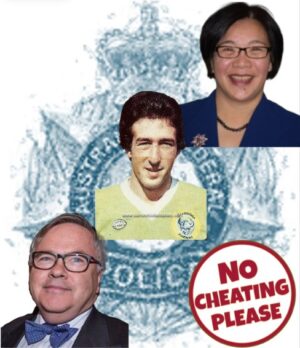 Montage of Tu Pham, Angel Marina and Peter Garrison, overlaid on a rendering of the badge of ACT Policing. In the lower right corner is a stamp, "No cheating please."