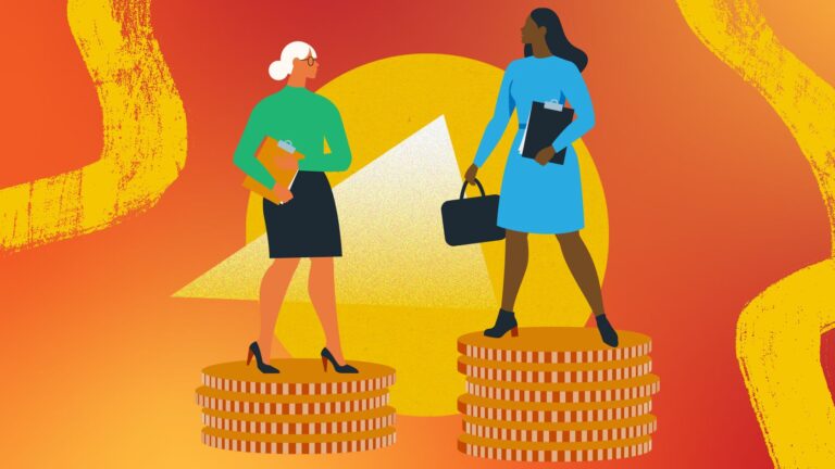 Drawing of two women standing on different height piles of coins. Both carry a clipboard, but only the higher one has a briefcase. Image credit Molly Saunders / Getty.