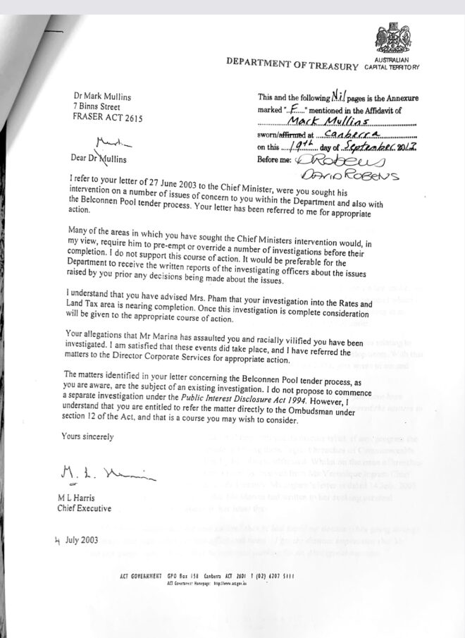 Letter from Chief Executive Mike Harris to Mark Mullins dated 4 July 2003.