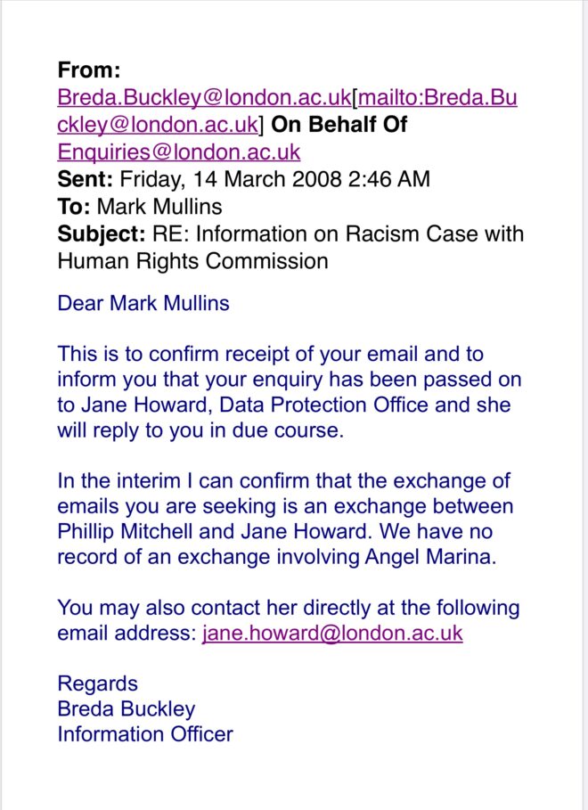 Email from Breda Buckley and the University of London to Mark Mullins, dated, 14 March 2008.