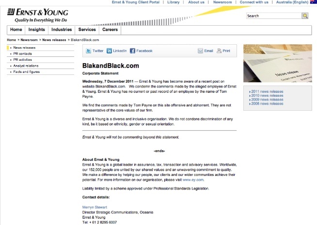 Screenshot of a statement on the Ernst & Young website December dated 2011, distancing itself from racist comments made by an alleged employee named Tom Payne, on the website BlakandBlack.com.