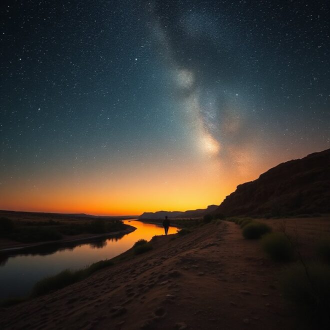 A person walks alongside a riverbed at dusk, the sky peppered with stars.