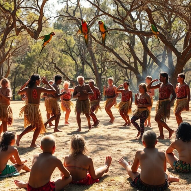 Seated children watch adults in tribal dress and paint dancing under trees.