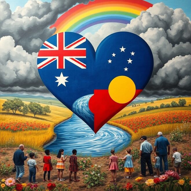 A heart made of the Australian and Indigenous flags, centred over a scene of golden fields. Grey clouds are broken by a rainbow rising above the heart. A river runs through the middle of the image below and behind the heart. People stand looking toward the heart in the foreground with flowers behind them.