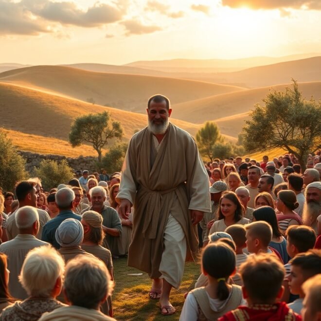 Man walking through a crowd seated on the ground. He wears a tunic and sandals.