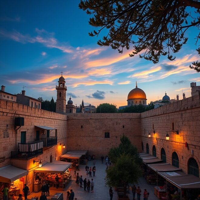 Walls of an old city, within which is a small souk or market. A minaret and the dome of a temple are in the background.