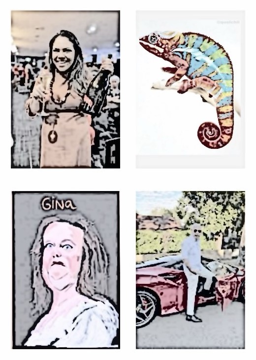 Composite image with a rendering in each quadrant. Top left Jacinta Price; top right a lizard; lower left Gina Rinehart; lower right Warren Mundine.