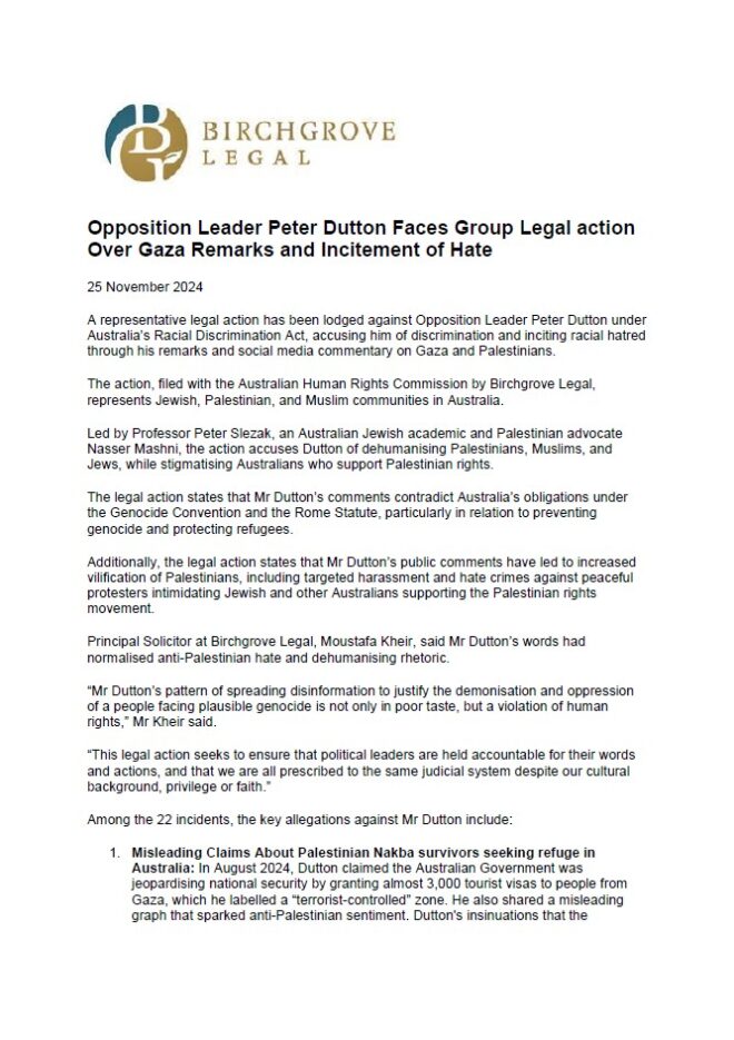 Letter dated 25 November 2024 from Birchgrove Legal to Peter Dutton. Page 1 of 2.