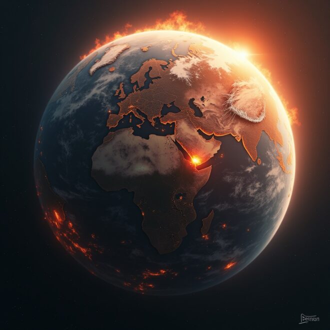 The Earth with spot fires across the globe and flames rising from the top.