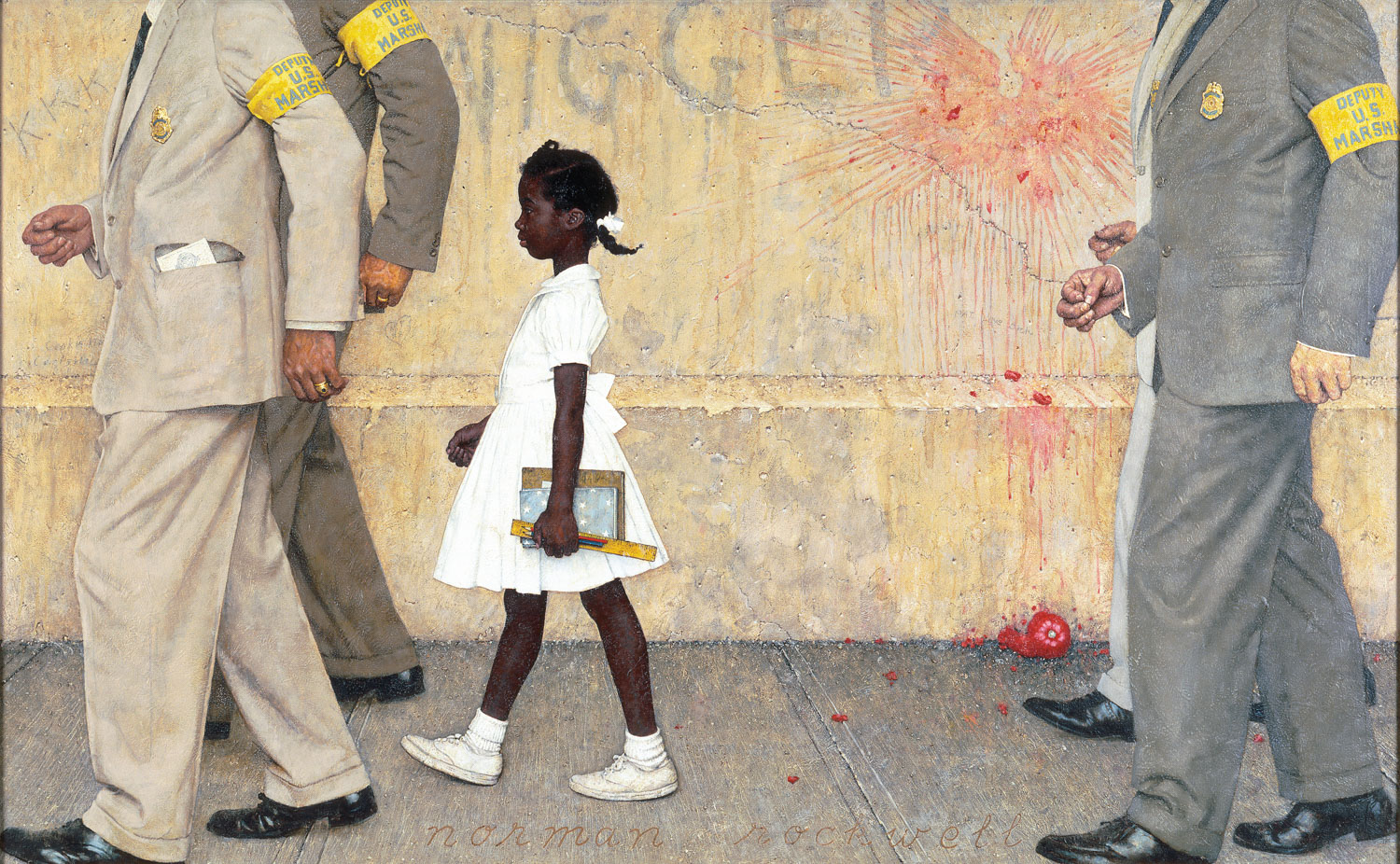 The Problem we All Live With, but Norman Rockwell. A painting of the black child Ruby Bridges, walking between adult men, identified as white only by their hands. Their heads are outside the frame as are most of their bodies. The word "nigger" is written on the wall behind Ruby, above her head and a tomato has stained the wall.