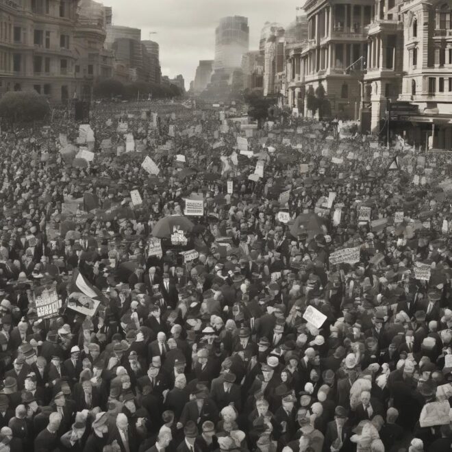 A crowd between buildings.