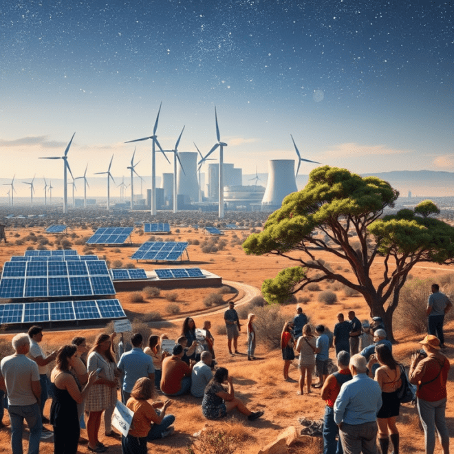 People in a desert looking at various forms of energy generators, including solar panels, wind turbines and smoke stacks.