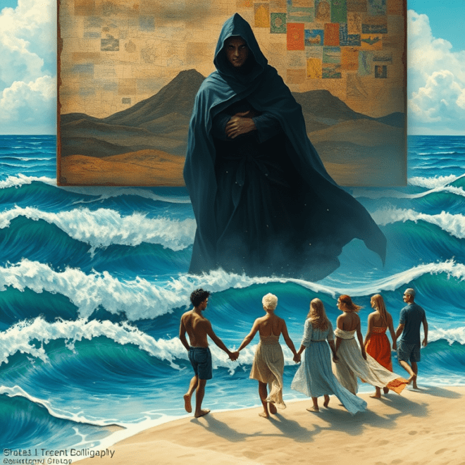 People on a beach, overseen by a person in robes. A framed image behind the robed person shows mountains.