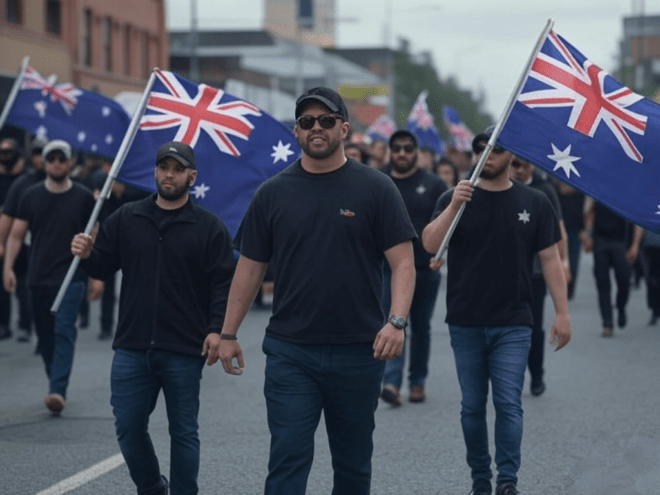 White men, all attired in similar blue jeans, black t-shirts and baseball caps, some wearing glasses, most carrying Australian flags.