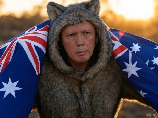 An Australian flag over the shoulder of a man in a koala suit bearing the face of Peter Dutton.