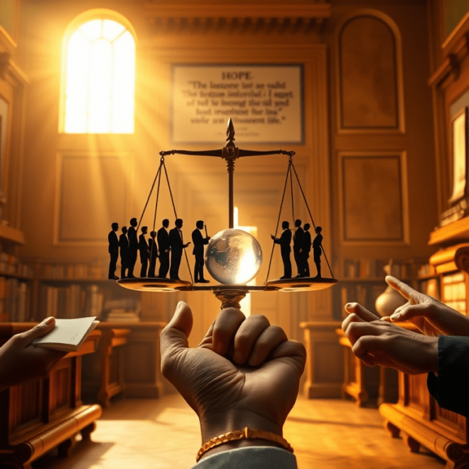 Balance scales with people standing on either sides, overlaid on a courtroom.