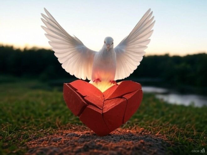 Dove, wings open, perched on a fractured heart.