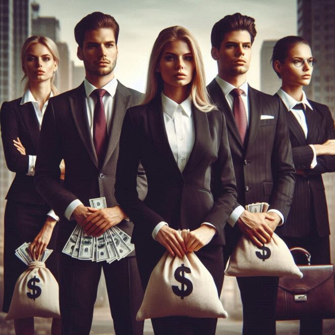 Men and women in suits holding cash and bags of money.