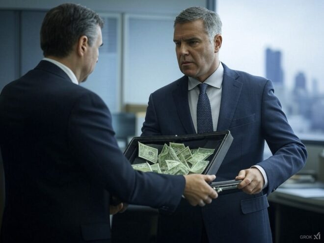 Men in suits exchanging a case of money