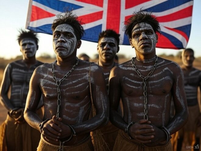 Indigenous men chained and the neck and hands, with a Union Jack behind them.