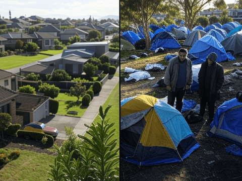 Modern houses in leafy surrounds in one side of the image, two people standing among tents and debris in the other half.