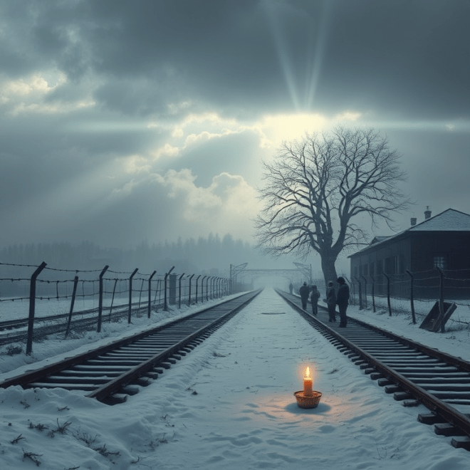 Auschwitz railroad tracks, covered. A candle stands in the snow in the foreground, behind a small group of people bow their heads.