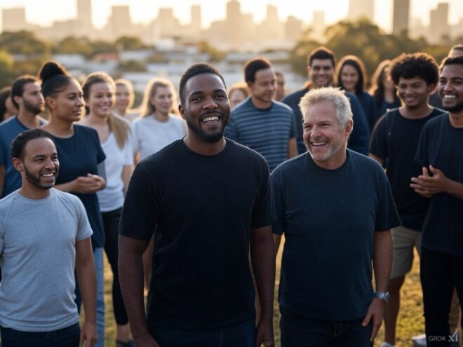 A crowd of people of mixed races.