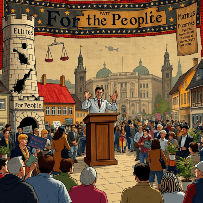 Man at a lectern beneath a banner "for the people" and beside a damaged tower. He is extolling to a crowd.